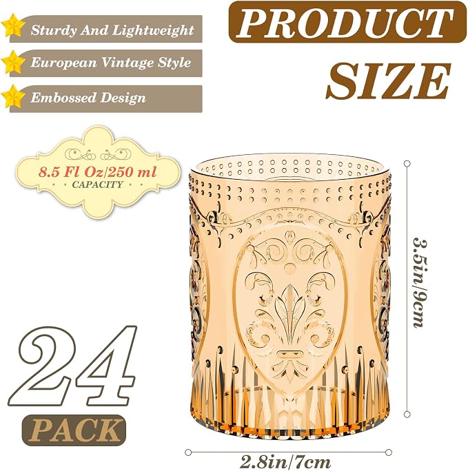 Qinyoung 24 Plastic Vintage Drinking Glasses 8.5oz Stemless Retro Embossed Wine - Image 2