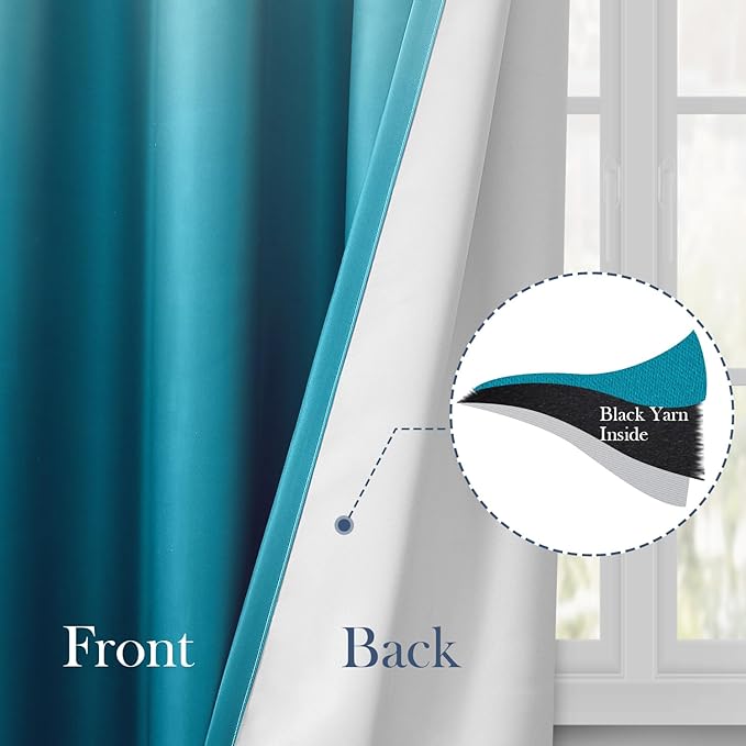 HOMEIDEAS Turquoise Ombre Blackout Curtains 52 X 63 Inch Length Gradient Room Darkening Thermal Insulated Energy Saving Grommet 2 Panels Window Drapes for Living Room, Bedroom