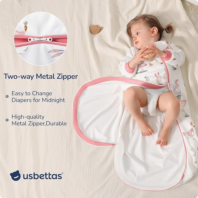 Baby Sleep Sack 3-6 Months, Cotton Detachable Long Sleeve Sleep Sack, 2.5 Tog Toddler Sleeping Sack with Temperature Strips, 2-Way Zipper Wearable Blankets for Newborns, Bunny