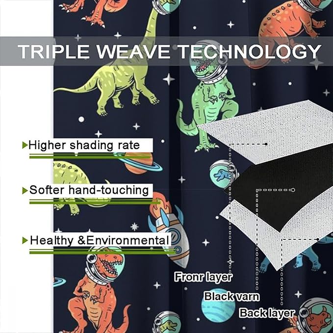 Cartoon Dinosaur Curtains for Kids Boys Girls Home Decor, Astronaut Rocket Funny Outer Space Blackout Rod Pocket Window Drapes for Bedroom Living Room W21xL54in 2 Panels