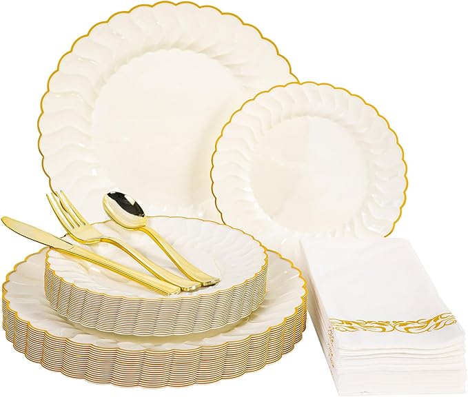 Lullaby 140PCS Ivory Scalloped Plastic Plates Set by LULLABY