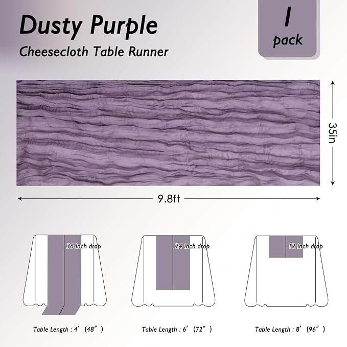 8 Pack Dusty Purple Cheesecloth Table Runner 120 Inch Boho Wedding Decor | - Image 2
