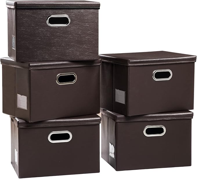 PRANDOM Large Stackable Storage Boxes with Lids [5-Pack] Leather Fabric Foldable Storage Bins Organizer Containers Baskets Cubes with Cover for Bedroom Closet Office Nursery Brown(17.7x11.8x11.8)