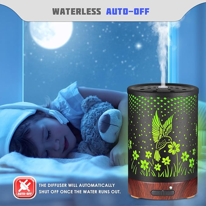 Essential Oils Diffuser,Aromatherapy Diffuser,Birthday Gifts for Women Mom Grandma,Metal Cool Mist Humidifier with 7 Colors Lights Waterless Auto Off Air Diffusers (C-Hummingbirds)