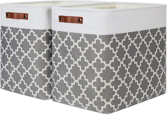 DULLEMELO Storage Baskets Large 17"x12"x15" Foldable Rectangular Storage Bins Baskets for Organizing [2 Pack] Fabric Nursery Storage Baskets for Home,Office,Closet,Clothes,Toys (White&Lattice Grey)