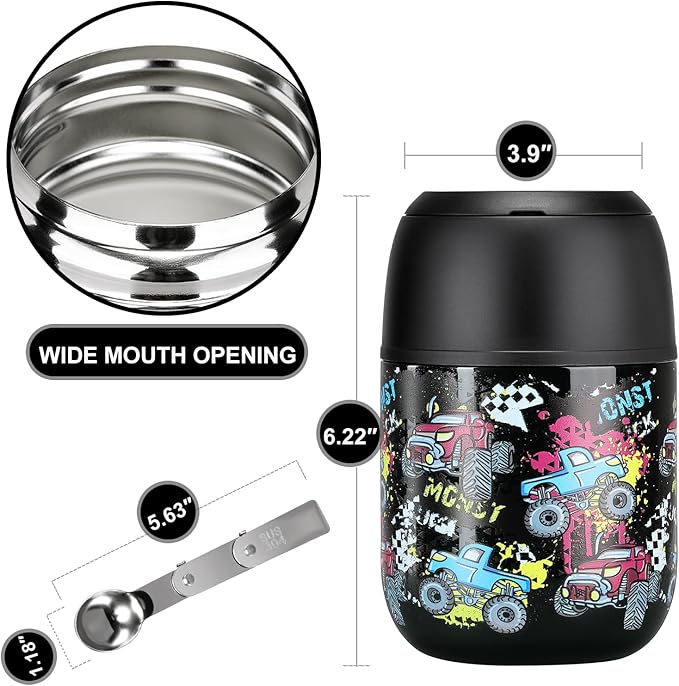 17 oz Insulated Lunch Containers Hot Food Jar, Wide Mouth Lunch Thermo for Kids Adults, Vacuum Stainless Steel Lunch Box With Handle Folding Spoon for School, Office Black - Car