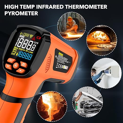 MESTEK Infrared Thermometer Temperature Gun -40℉~2912℉, High Temp Thermometer with Thermocouple Probe, Non-contact Digital Laser Thermometer Gun 50:1 Pyrometer for Industrial HVAC Forge Metal Smelting