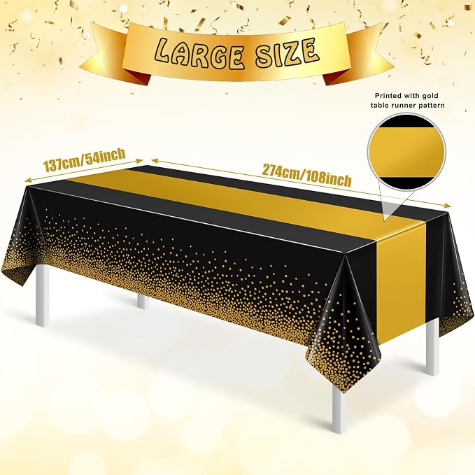 6Pcs Black and Gold Tablecloth Party Decorations, Plastic Black Table Cloth - Image 2