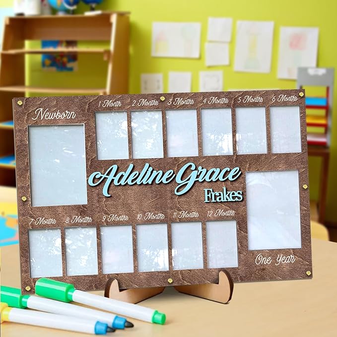 Personalized My First Year Photo Frame | 12 Months Picture Frame For Baby First Year | Displays Two 4x6 Photo and Twelve 2x3 Pictures | Birthday Party Decor Newborn Memory Keepsake, Style MP3