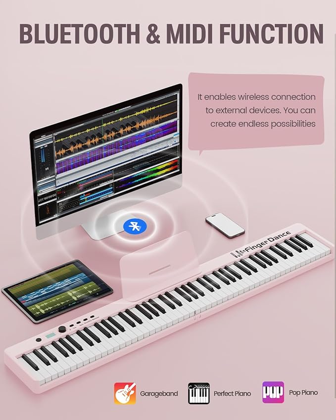Finger Dance Folding Piano Keyboard 88 Keys, Portable Electric Keyboard with Bluetooth MIDI, Full Size Digital Piano, Wood Grain, Semi-Weighted, Touch Sensitive, with Storage Bag for Beginner