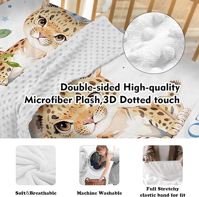 Personalized Nursery Crib Bedding Set: Custom Name Blue Floral 5 Piece Baby Crib Sets with Leopard Theme - Toddler Double Layer Blanket Set, Comfortable Crib Bed Sheets for Baby Grils
