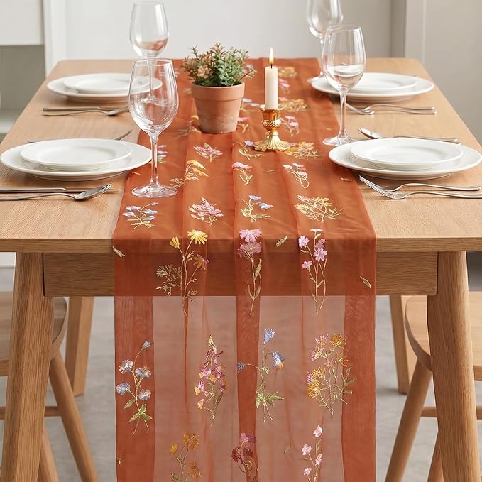 Artoid Mode Wildflower Floral Caramel Gauze Embroidery Table Runner 120 Inch - Image 3