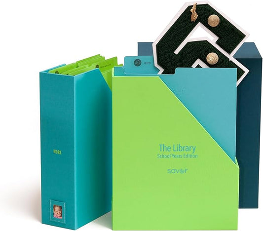Savor | Deluxe School Years Keepsake Box | Fabric Bound Acid-Free Childhood Keepsake and Memory Organizer with Labels for Birthday, Graduation, Mitzvah, Mother’s Day, and Baby Shower