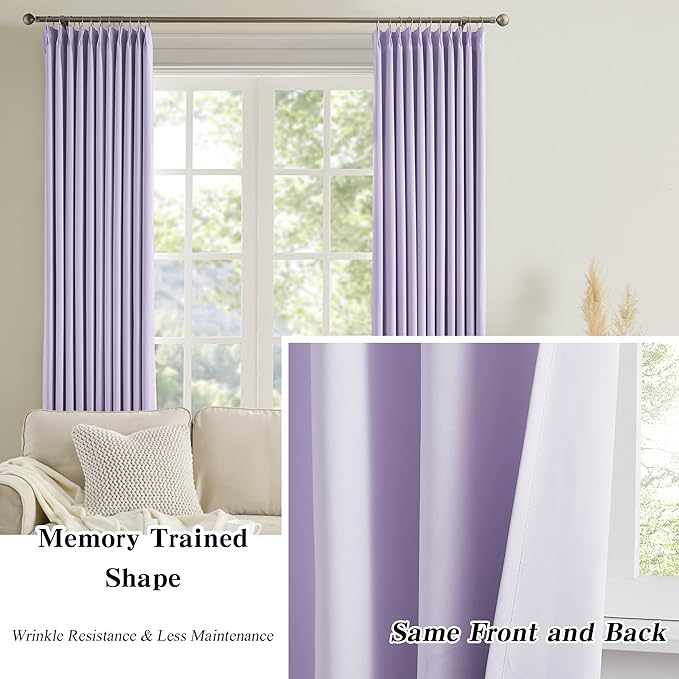 KEQIAOSUOCAI Pinch Pleated Lavender Blackout Curtains 72 Inches Long, Sound & Light Reducing Room Darkening Drape for Girl's Bedroom(Lavender, 2 Panels, W40 x L72)