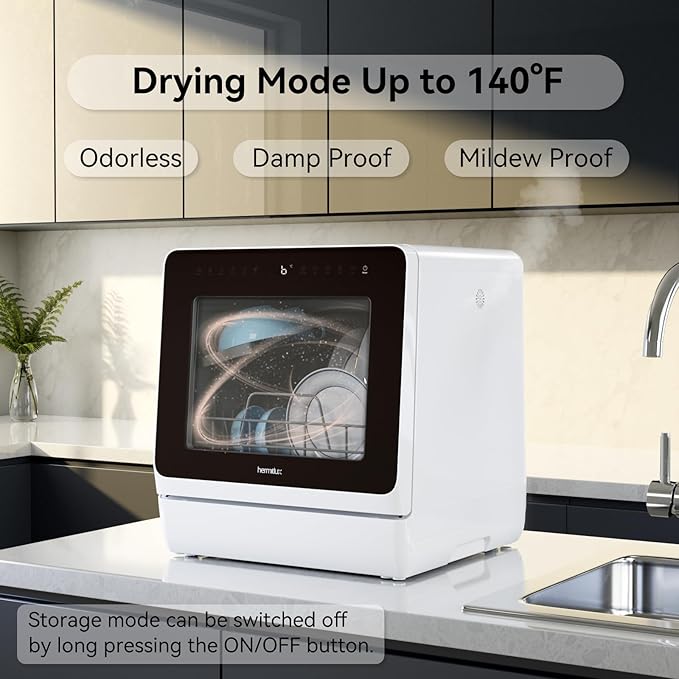 Hermitlux Countertop Dishwasher, 7 Washing Programs Portable Mini Dishwasher with 5-Liter Built-in Water Tank for Apartments & RVs, LED Light, Glass Door, No Hookup Needed