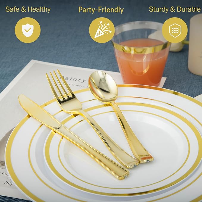 600PCS White and Gold Plastic Plates, Disposable Dinnerware Set | 100 Dinner & - Image 3