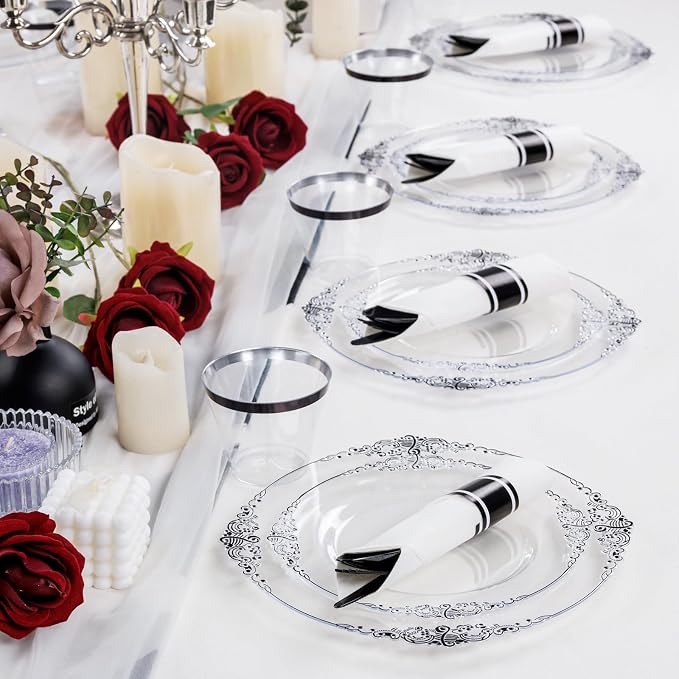 350 Pcs Clear Black Plates for Party | Black Party Plates Set for 50 Guests - Image 6