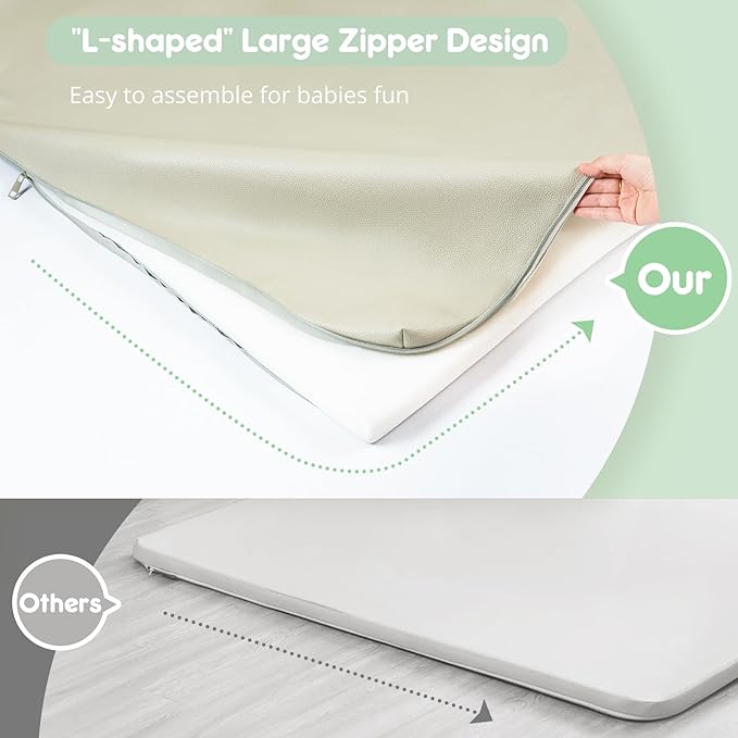 Padded Baby Play Mat, Super Soft Vegan Leather Baby Floor Play Mat, 48x48 Non-Slip Thick Foam Cushioned Play Mat for Babies 6-12 Months, Fits Nicely Into 50x50 Playpen Mat, Grayish Green