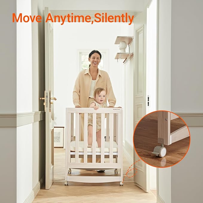 EvoNest Baby Crib, 6 in 1 Convertible Mini Crib with Wheels, 100% New Zealand Solid Wood Growing Bed, 4 Adjustable Mattress Height，Washed Natural