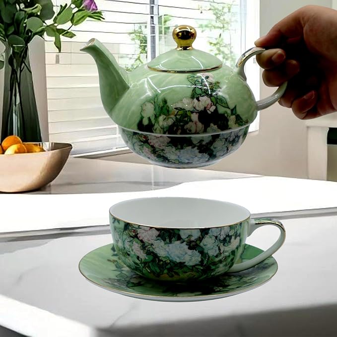 Porcelain 13 OZ Tea for One Teapot and Cup Set Vintage Floral Ceramic Tea Set - Image 4