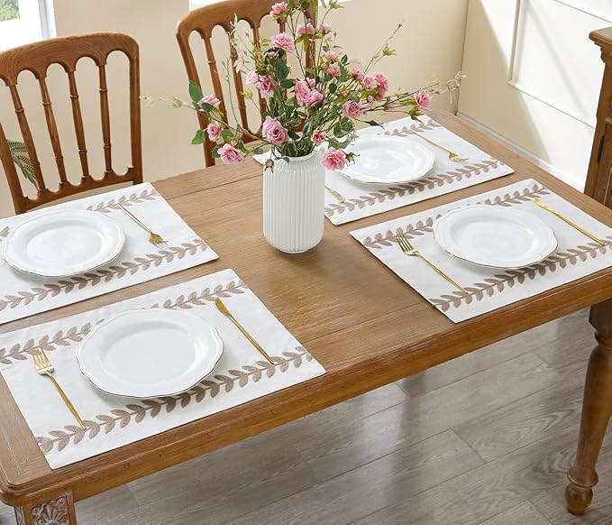 Wracra Embroidered Place Mats, Taupe Rustic Placemats Set of 4 | Macrame - Image 4