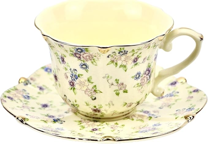 TATSUMI Country Roses Bone China Tea Cup and Saucer Set, 3 Pieces, Vintage Style by TATSUMI
