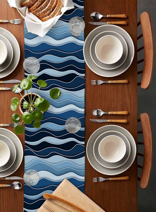 Abstract Blue Moire Table Runners 108 Inches Long, Cotton Linen Fabric Table - Image 5