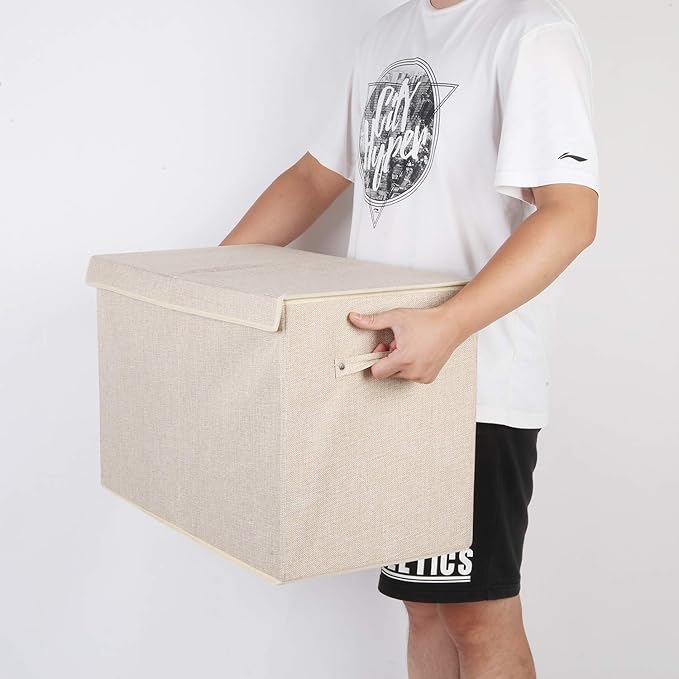 popoly 2 Pack Large Toy Box Chest Storage with Flip-Top Lid, Sturdy Kids Toy Storage Bin Boxes Container for Boys, Girls, Nursery, Closet, Bedroom, Playroom 25"x13" x16"(Linen Beige)