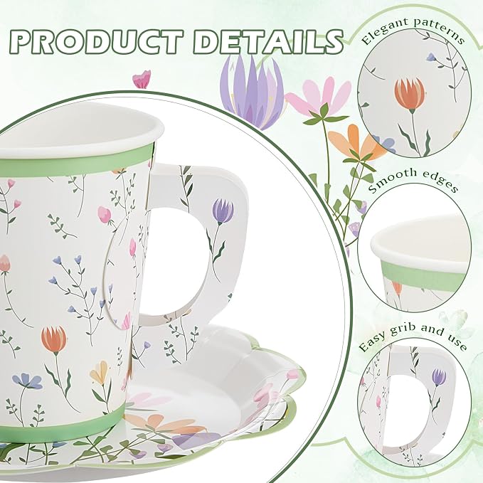 FillTouch 24 Sets Wildflower Floral Paper Tea Cups and Saucers Disposable Paper - Image 4