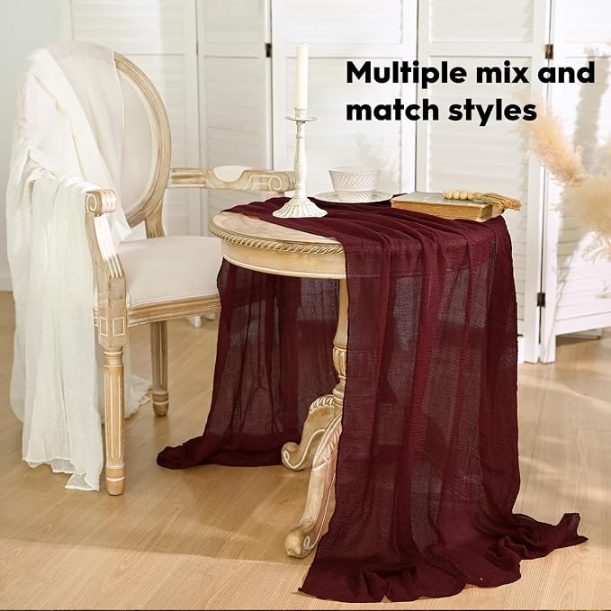 Artoid Mode 6PC Boho Cheesecloth Gauze Burgundy Wedding Table Runner, 120 Inch - Image 4