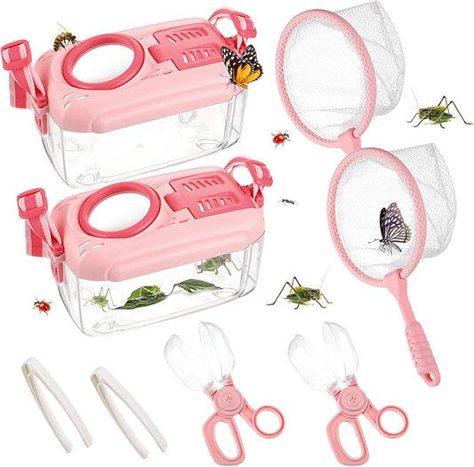 2Sets Bug Catcher for Kids- Sturdy Kids Bug Catching Kit Gifts with Collector Butterfly Net Tweezer, Bugs Habitat Outdoor Explorer Kit for Age 3 4 5 6 7 8, 8Pcs, Pink