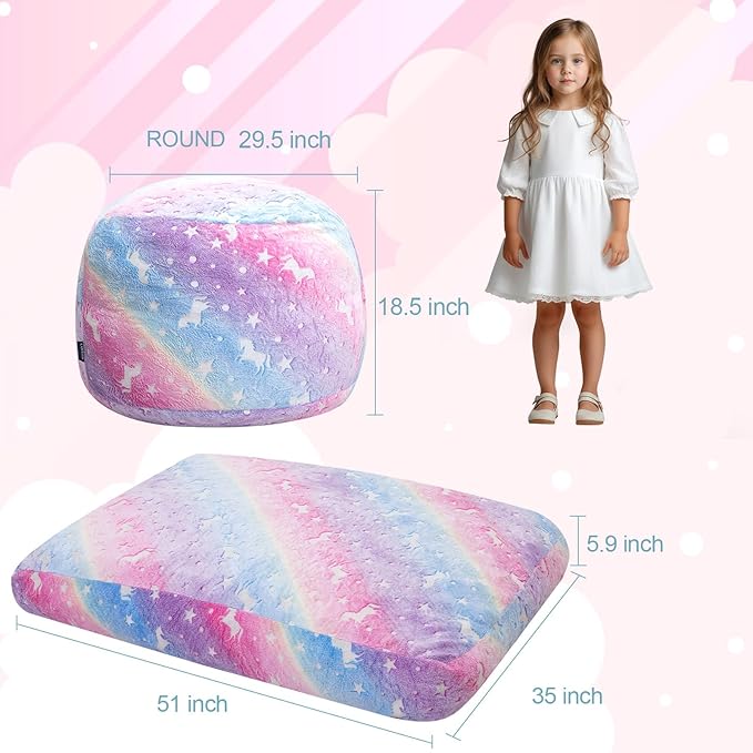Kids Bean Bag Chair Turn into Beanbag Bed, Unicorn Toddler Bean Chair for Girl Boy Sleeping, Lazy Children Bean Bags with Filler, Convertible Child Floor Mattress, Colorful Rainbow