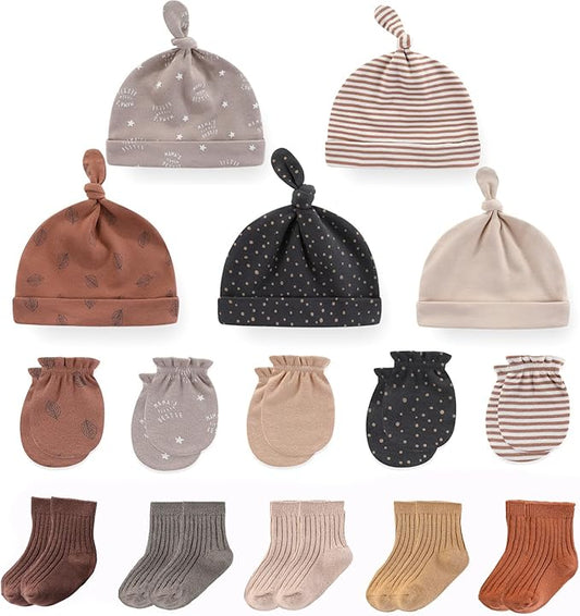 Newborn Baby Boy Girl Caps Mittens Socks Set Cotton Baby Essentials Accessories (Hats+Gloves+Socks)