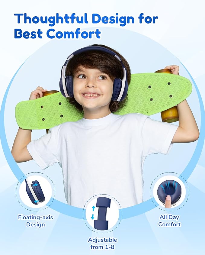 EarFun K2 Kids Bluetooth Headphones, Kids Headphones with Volume Limited, 40H Playtime, Built-in Mic, Stereo Sound, Foldable Over-Ear Headphone for School/Travel/iPad/Tablet, Blue