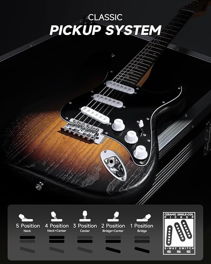 DONNER DST-80 Electric Guitar 39” Beginner Electric Guitar Kit with Amp, Classic SSS Pickup Complete with Gig Bag, Tuner, Capo, Strap, Picks, and Free Online Lessons, Red Tea Burst