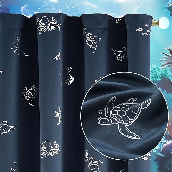 Vangao Kids Curtains for Boys Bedroom Kids Blackout Curtains 96 Inch Length Ocean Aquarium Nursery Drapes for Girls Bedroom Silver Sea Animals Print Thermal Insulated Drapes, Navy Blue 2 Panels