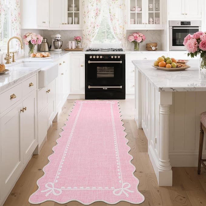 GarveeHome Scalloped Bow Rug for Living Room, Solid Pink Rug for Dorm, Washable - Image 2