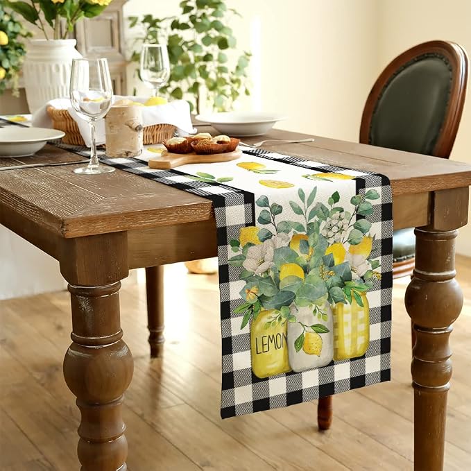 Black Buffalo Check Summer Table Runner 13 x 108 Inch, Lemon Vase Spring - Image 6