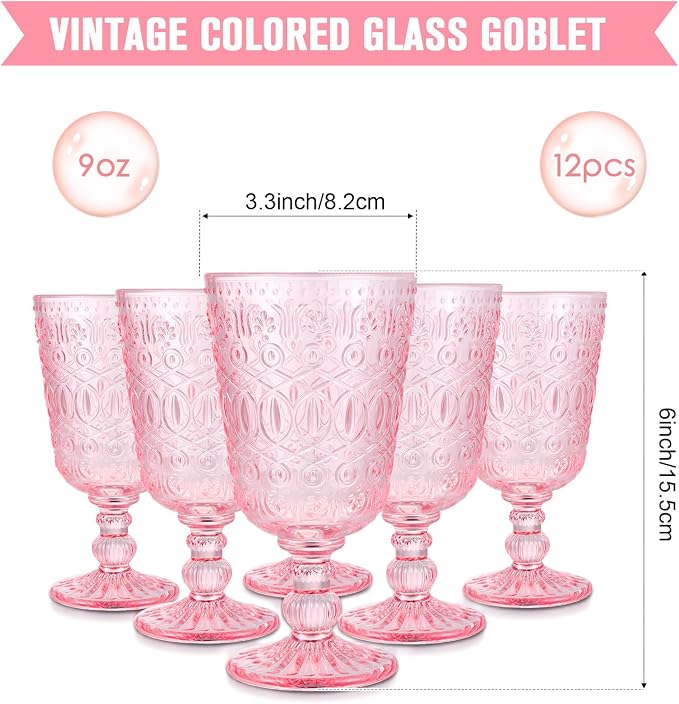 Eaasty Wine Glasses Set of 12 Vintage Goblet 9 oz Vintage Colored Glass Goblet - Image 2