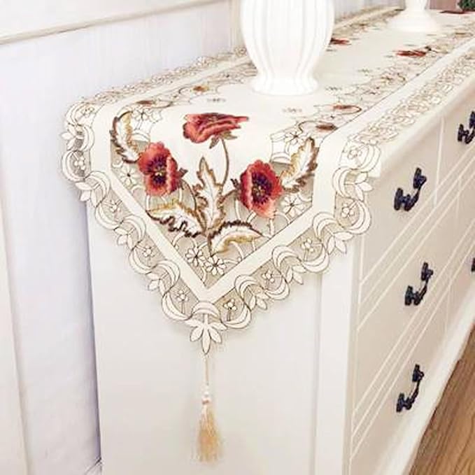 LeLehome 15" X 77" Rufous Flowers Embroidery Beige Table Runner, Floral Rose - Image 3