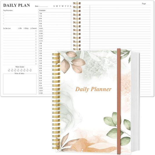 Daily Planner Undated - 8.5" x 11" To Do List Notebook Hourly Schedules, 150 Sheets/300 Pages Spiral Appointment Planner for Women and Men,PVC Hardcover, Inner Pocket, Elastic Closure, Rose Leaf