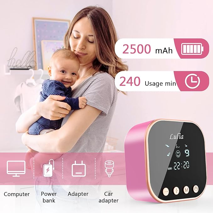 Double Electric Breast Pump Strong Suction, Portable Breast Pump Electric Breastfeeding Pump, Rechargeable Milk Pump with 4 Modes & 9 Levels, Low Noise, Anti-Backflow & LED Display, 24mm Flange, Pink
