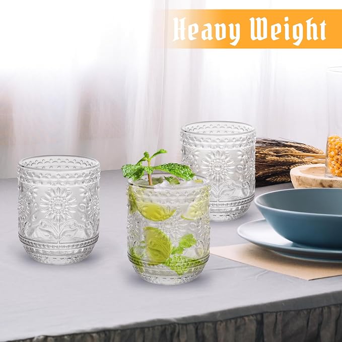 Topsky Vintage Drinking Glass Set of 4, 12 oz Embossed Floral Drinkware Set - Image 2