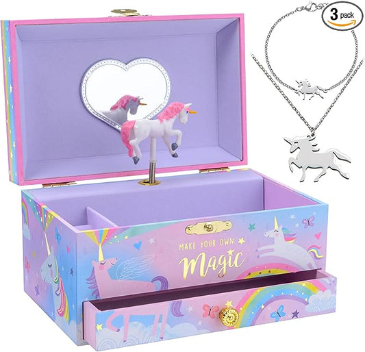 Jewelkeeper Unicorn Musical Jewelry Box for Little Girls - Kids Jewelry Box with Pullout Drawer - Music Jewellery Box with Necklace and Bracelet - Gift Set for Kids - Children's Jewellery Storage Case