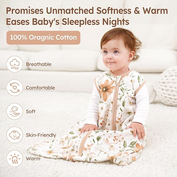 Baby Sleep Sack 18-24 Months 3 Pack 100% Cotton Lightweight 0.5 TOG Wearable Blanket Baby Sleep Bag with 2-Way Zipper for Newborn Infant Orange Flowers & Plaid