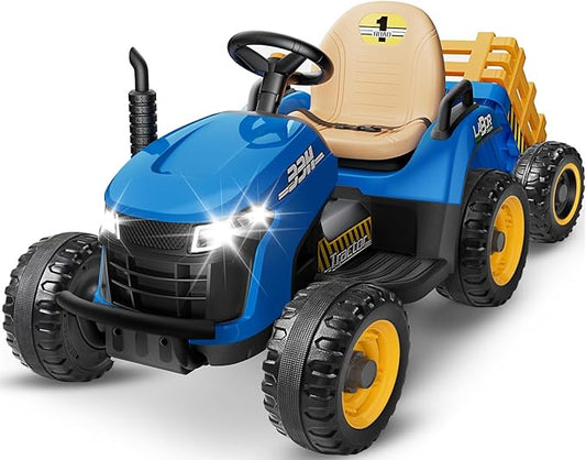 24V Ride On Tractor w/Tiltable & Detachable Trailer, 2x65W Motors, EVA Tires, Remote Control, Bluetooth, Shifter, Music, Electric Car for Kids Ages 2-5, Blue