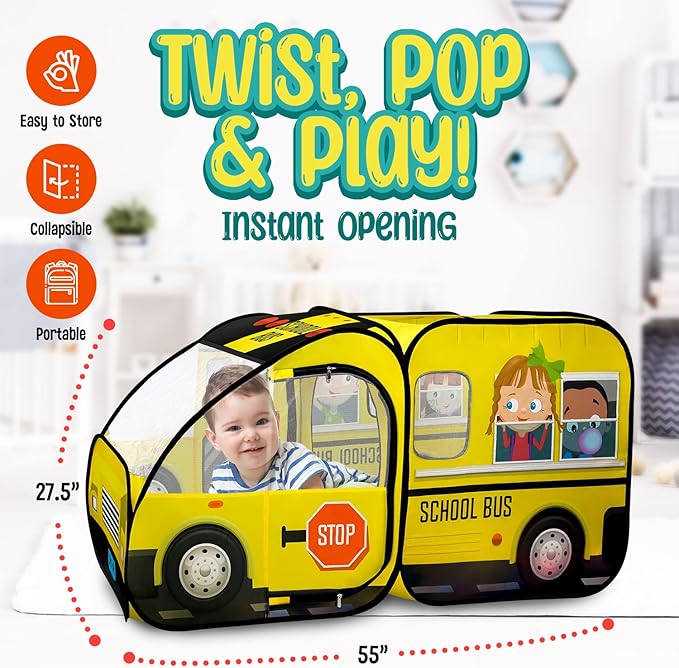 Kiddzery School Bus Pop Up Kids Play Tent - Tents with Sound Play Button for Toddler & Up - Girls and Boys Magic Wheels Bus for Indoor & Outdoor - Pretend Toy Playhouse - Playhouses for Toddlers