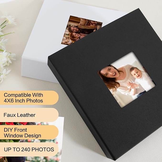 Photo Album 4x6 240 Photos with Writing Space Leather Cover with Front Window Picture Album, 240 Photos 4x6 Photo Album Book for Wedding Kids Travel Family Baby Pictures (Black)