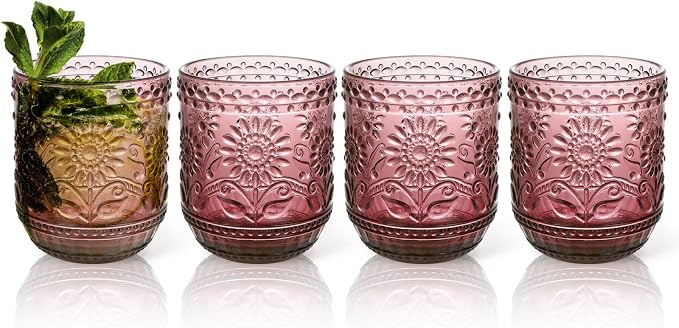 Topsky Vintage Drinking Glass Set of 4, 12 oz Embossed Floral Drinkware Set by HomeandKitchenNO1