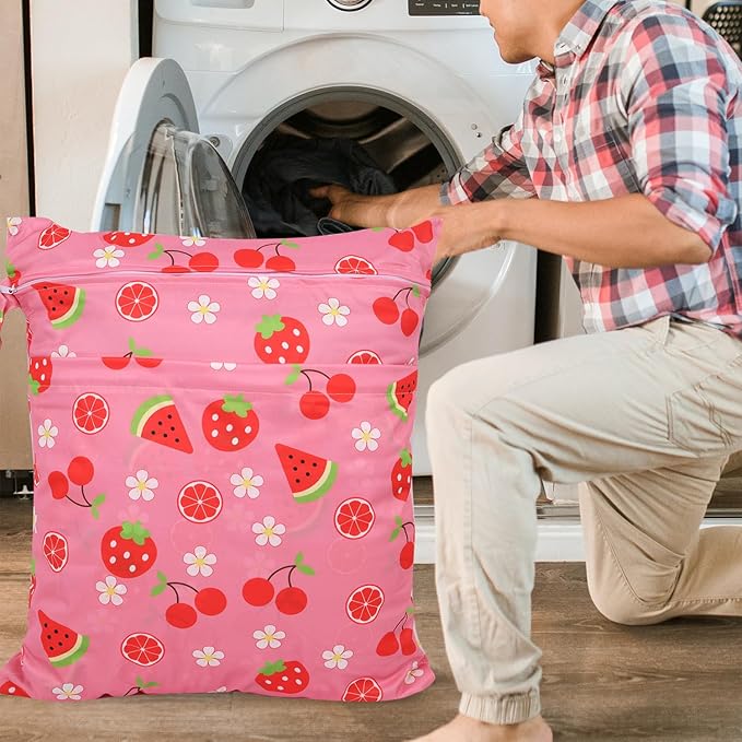 2pcs Travel Waterproof Laundry Bag, Cloth Diaper Wet Dry Bags with Handle & 2 Zipper Pockets, Reusable Washable Dirty Clothes Bag for Baby Adult Travelling Hanging, Bathing Beach Pool Daycare